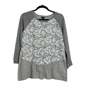 Hannah Womens Grey Mixed Media Lace Front Pinstripe‎ Peplum Sweatshirt Large